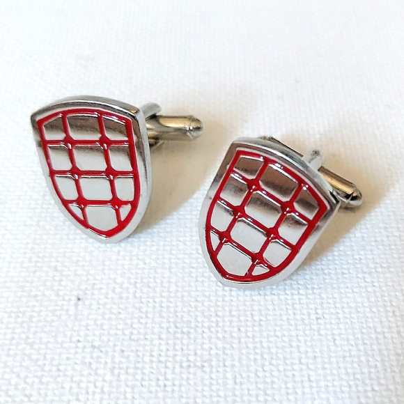 NEW 3pc. Cufflinks: "Crest-Shield" Stainless Steel/Enamel & Tie Bar. Bullet Back - Picture 2 of 6